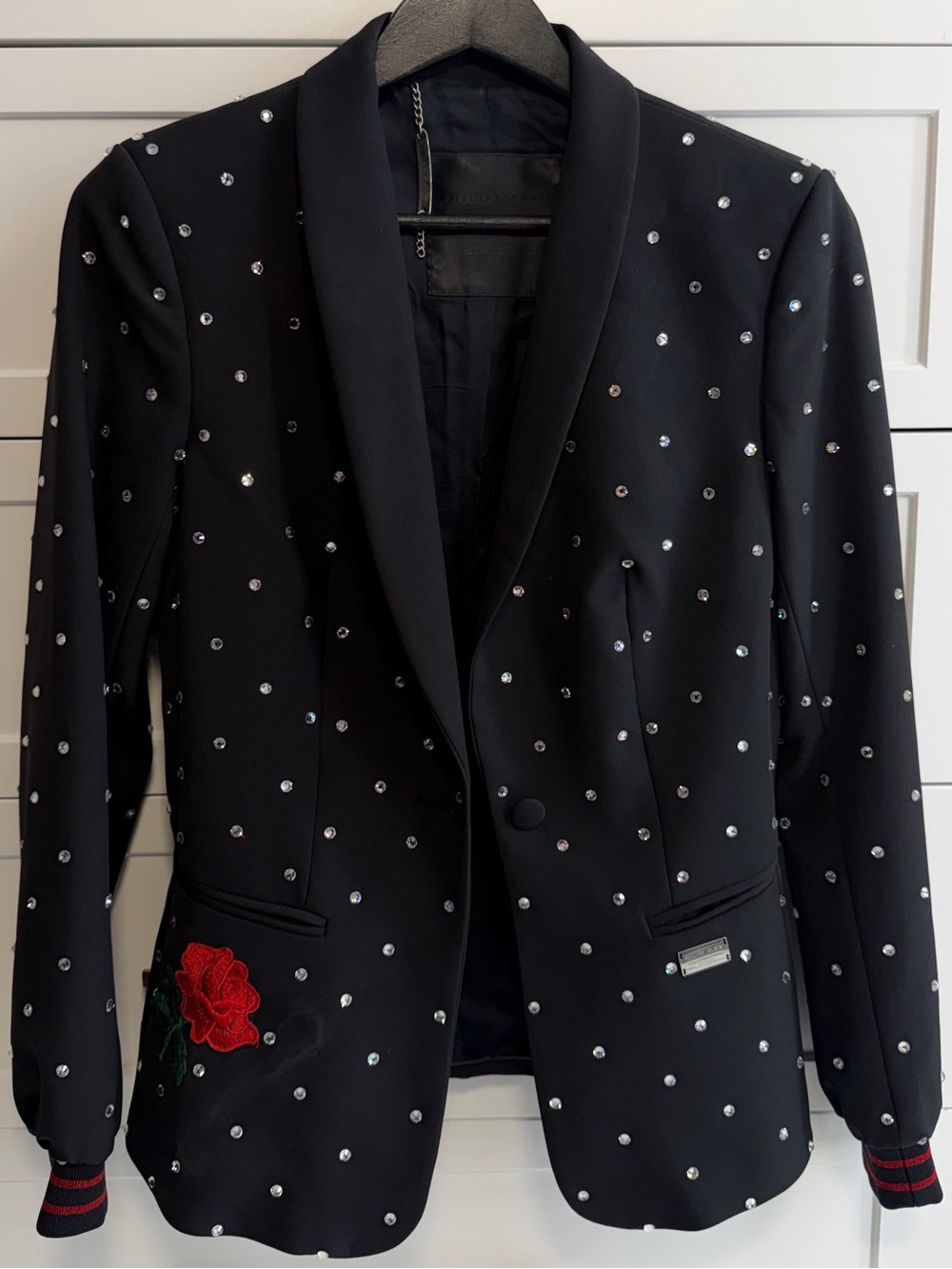Authentic Philipp Plein Black Crystal Rhinestone Rose Blazer